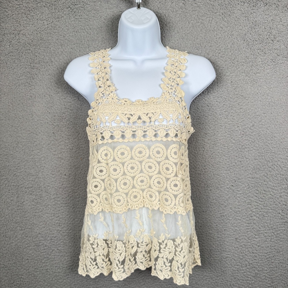 Issi Tank‎ Top Womens S Cream Sheer Floral Crochet Mesh Festival